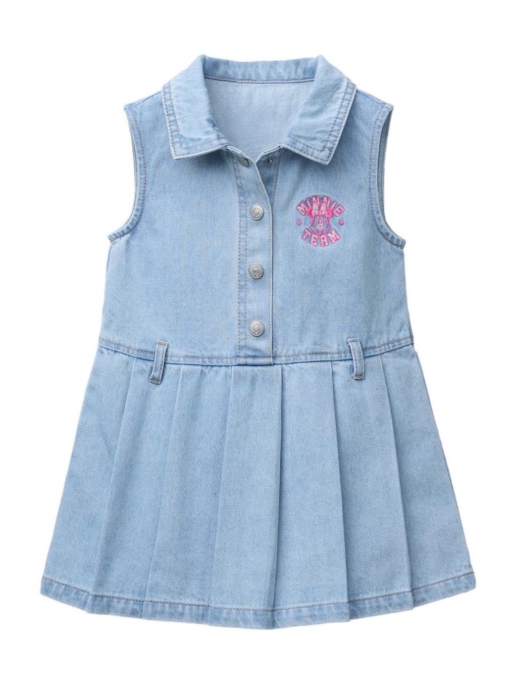 Zara Light Blue Denim Sleeveless Pleated Dress with Pink Embroidery